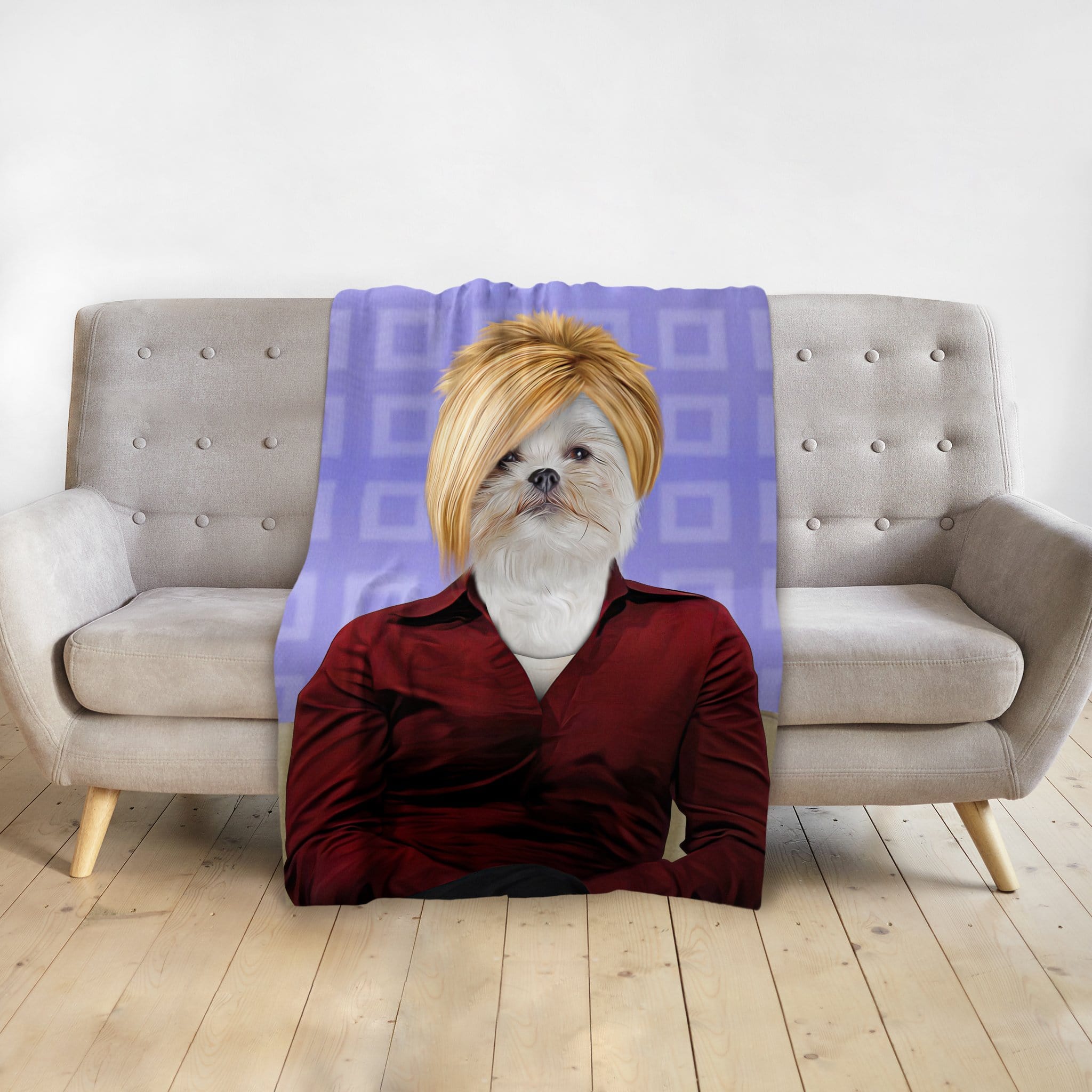 Personalized pet portrait blanket featuring a Shih Tzu dog with a blonde bob and red shirt.