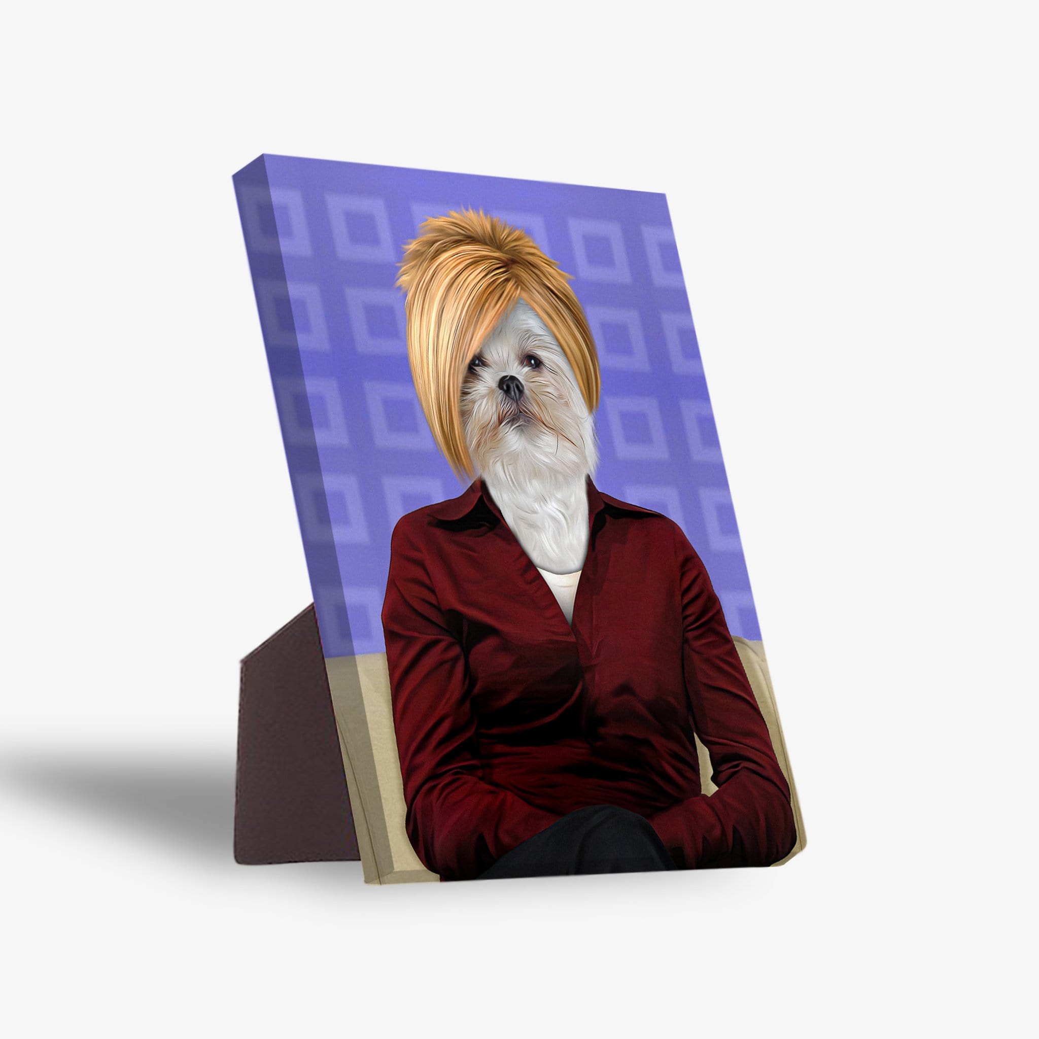 Personalized pet standing canvas featuring a Shih Tzu in a red shirt and blonde bob, against a purple patterned background.