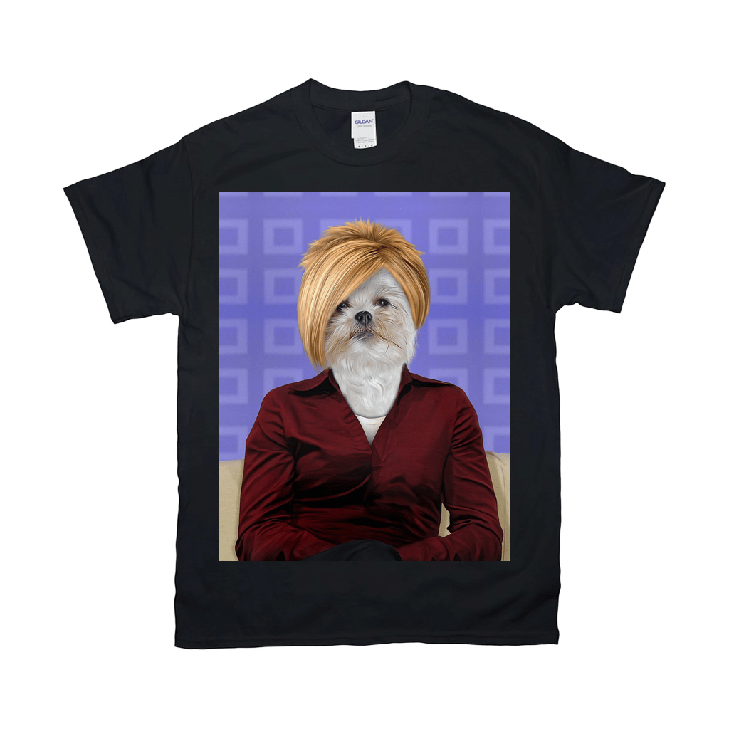 Black Gildan unisex t-shirt featuring a personalized pet portrait of a dog with a blonde bob and red shirt.