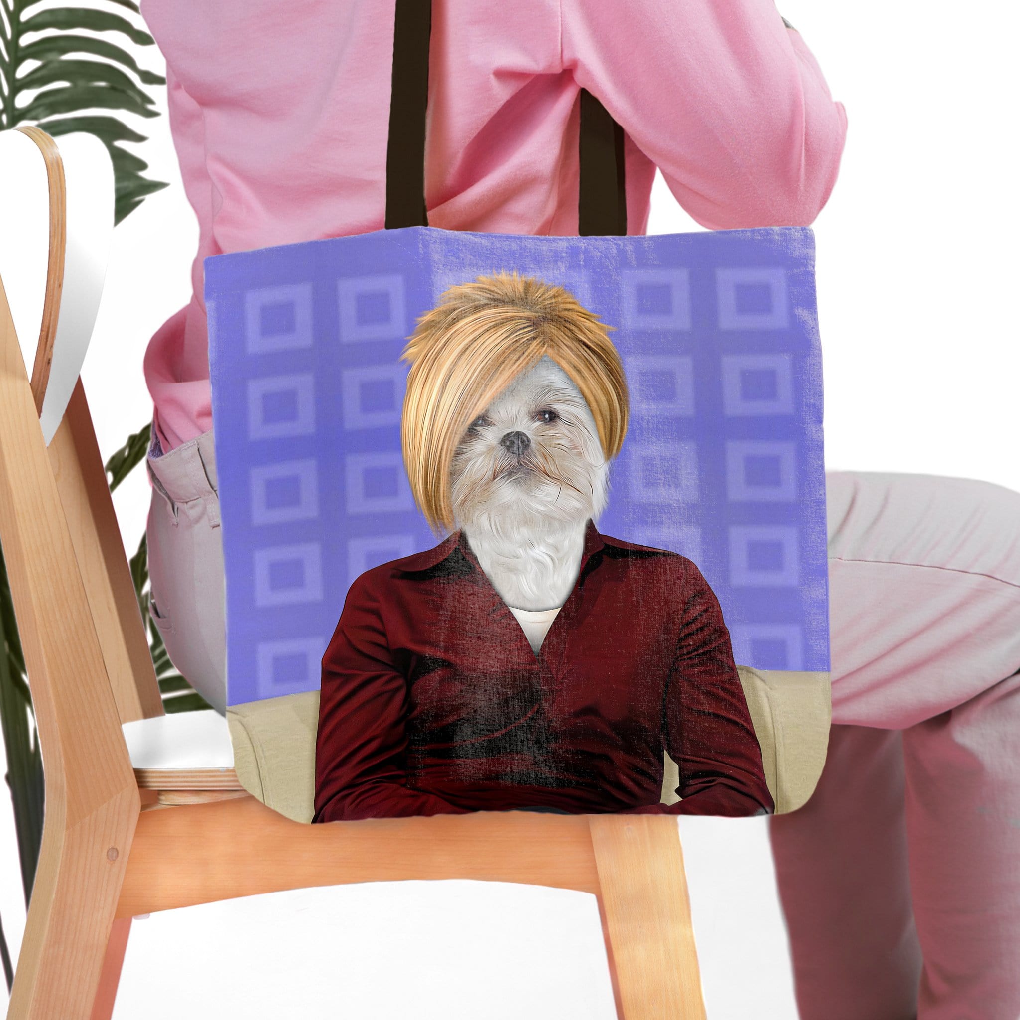 Personalized 'The Karen' tote bag with a Shih Tzu pet portrait in a blonde bob and red shirt.