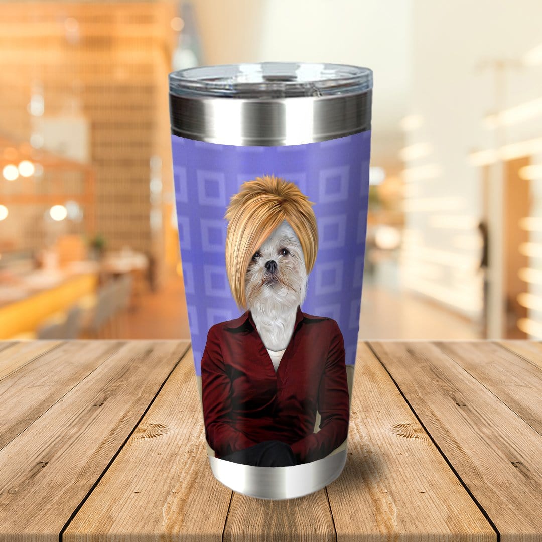 Personalized stainless steel tumbler with a custom portrait of a Shih Tzu dog as "The Karen" on a purple background.