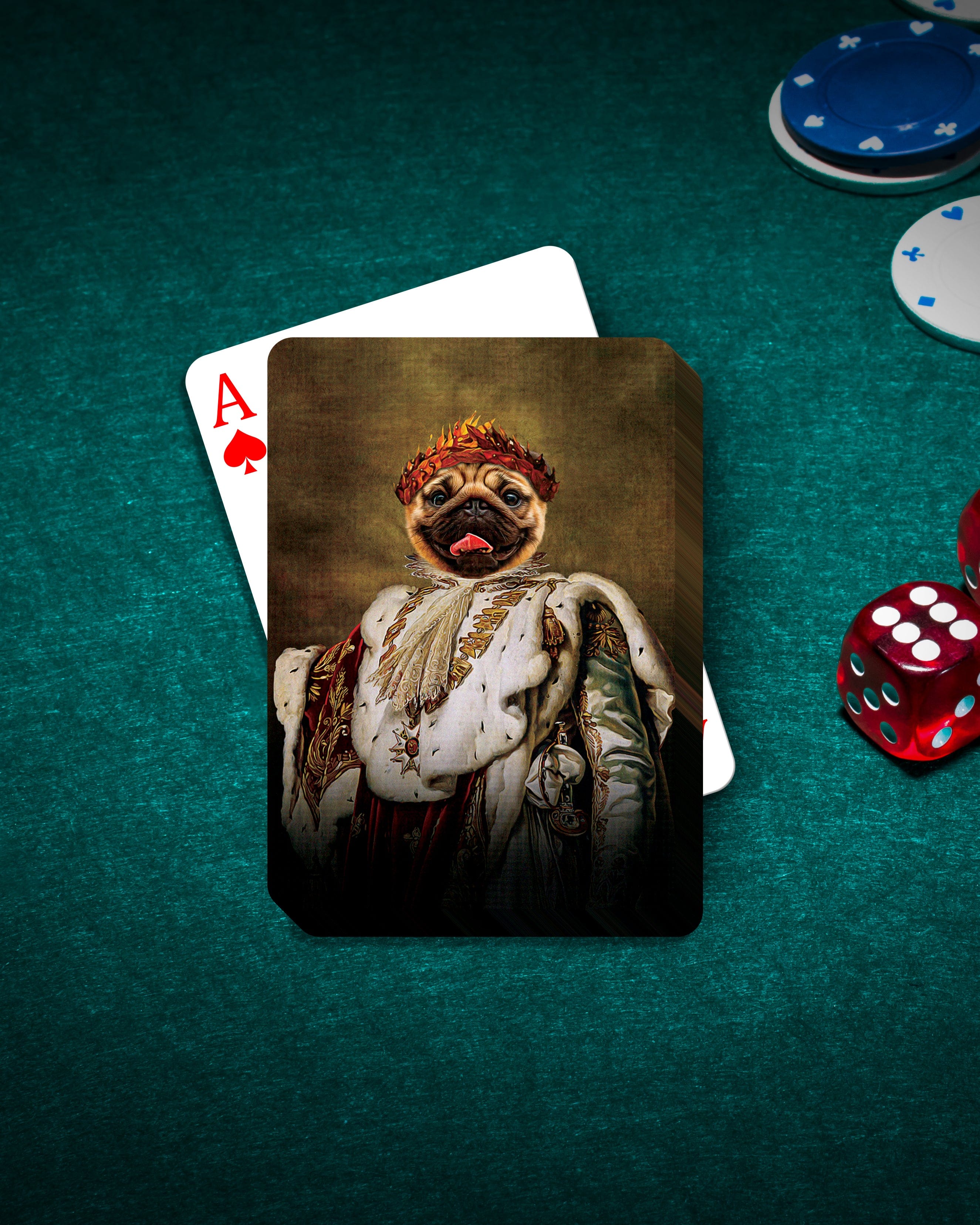 Personalized pet playing cards featuring a pug in a royal renaissance portrait on a green poker table.