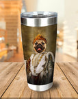 Personalized stainless steel tumbler with a royal renaissance portrait of a pug dog wearing a crown and robe.