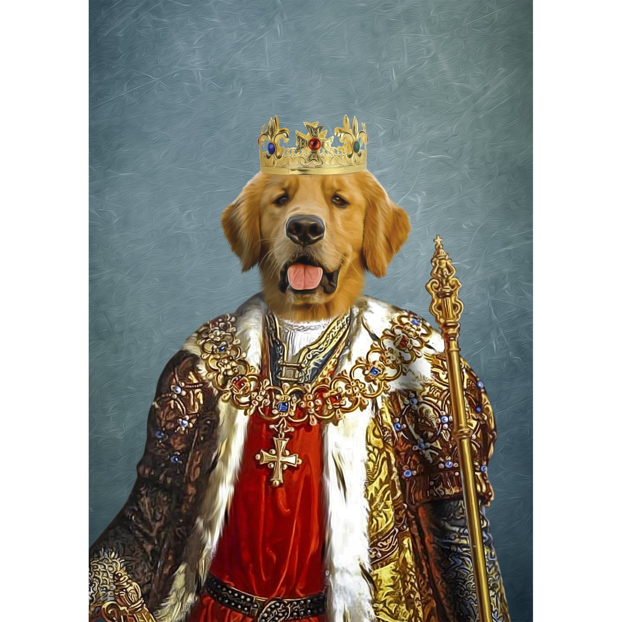 Custom digital portrait of a golden retriever dog dressed as a king in renaissance royal attire.
