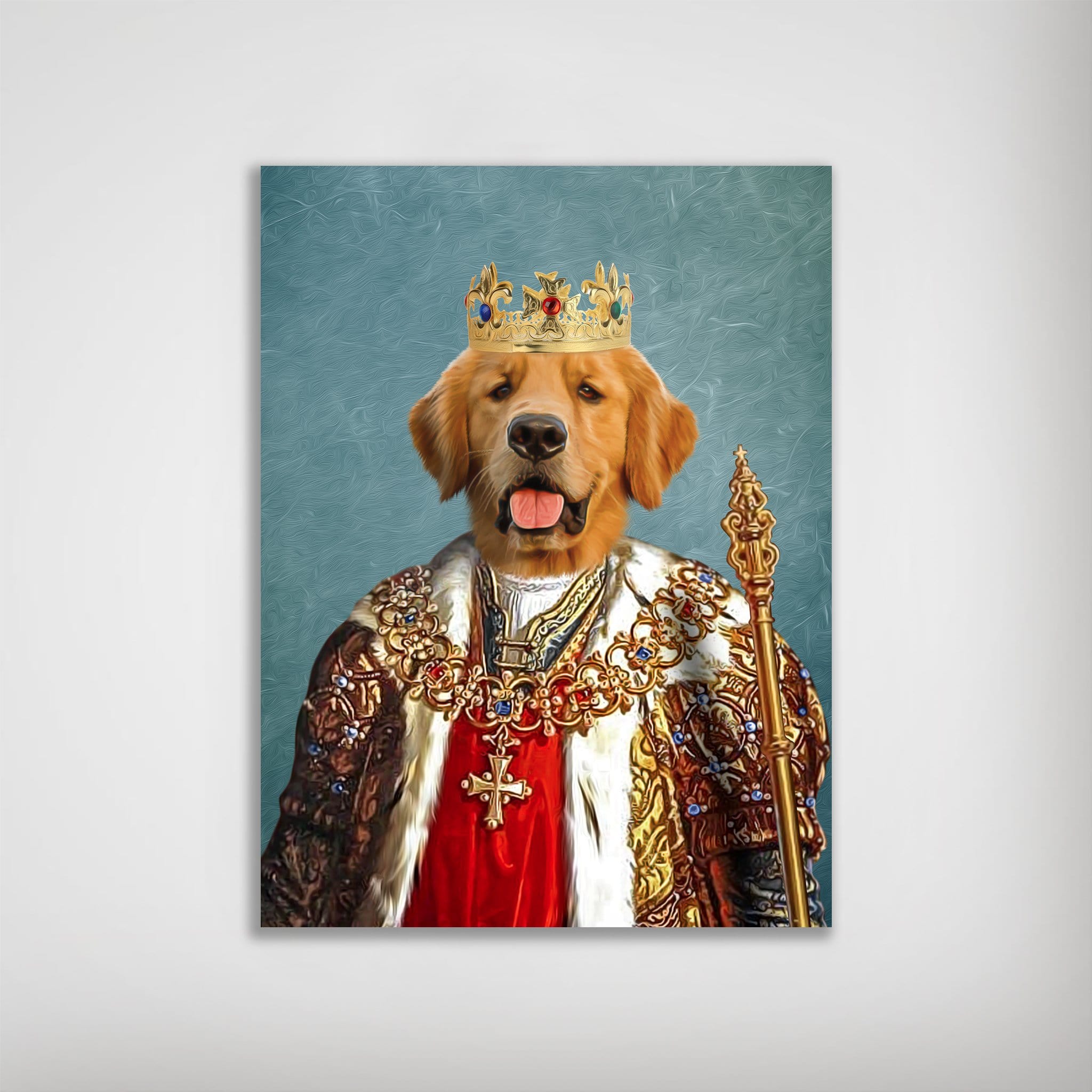 Golden Retriever dog portrait as a king, wearing a gold crown, ornate robe, and holding a scepter.