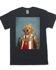 Black Gildan t-shirt featuring a golden retriever in royal king attire, crown and scepter, on a blue background.