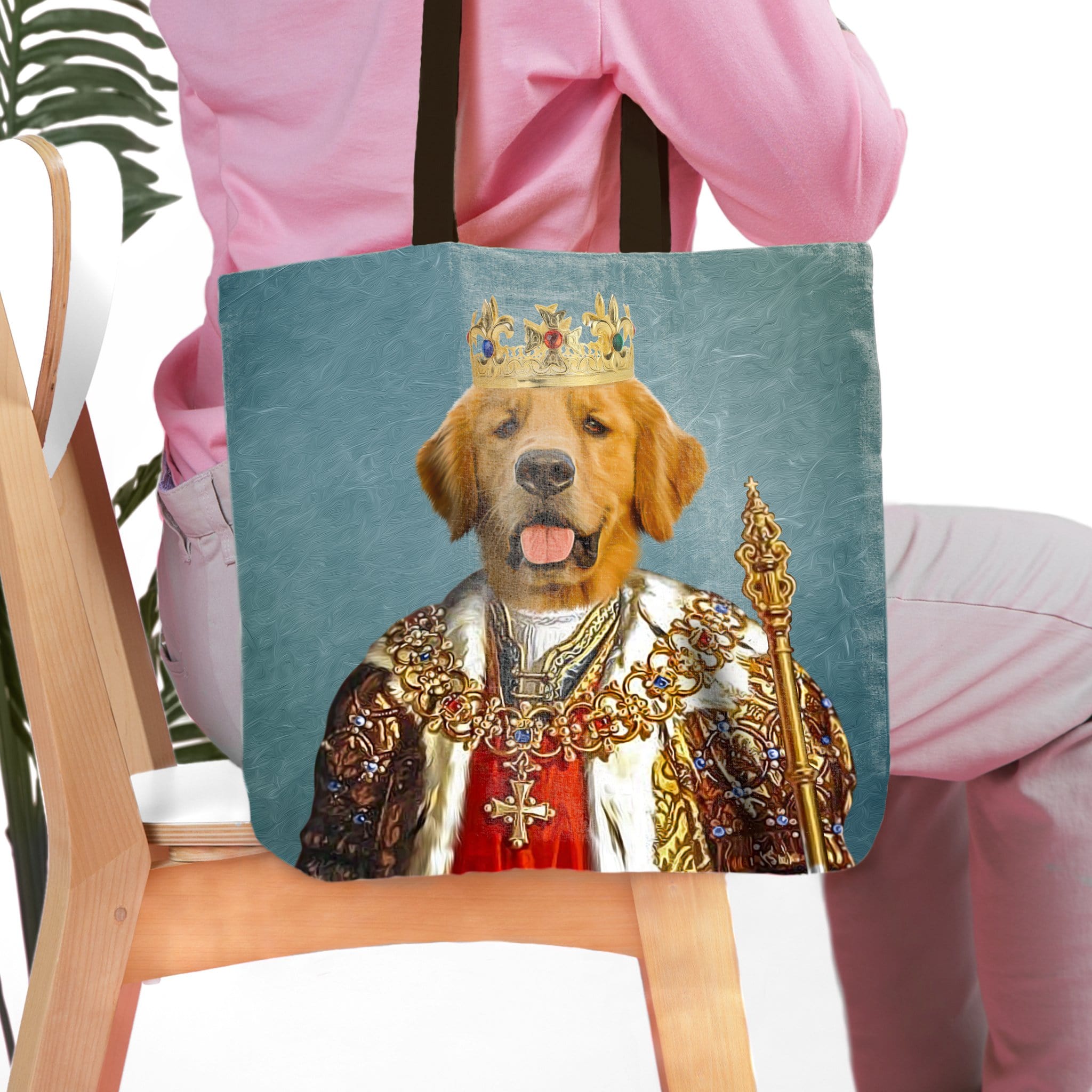 Personalized tote bag with a custom royal portrait of a Golden Retriever dog in a crown and regal attire.
