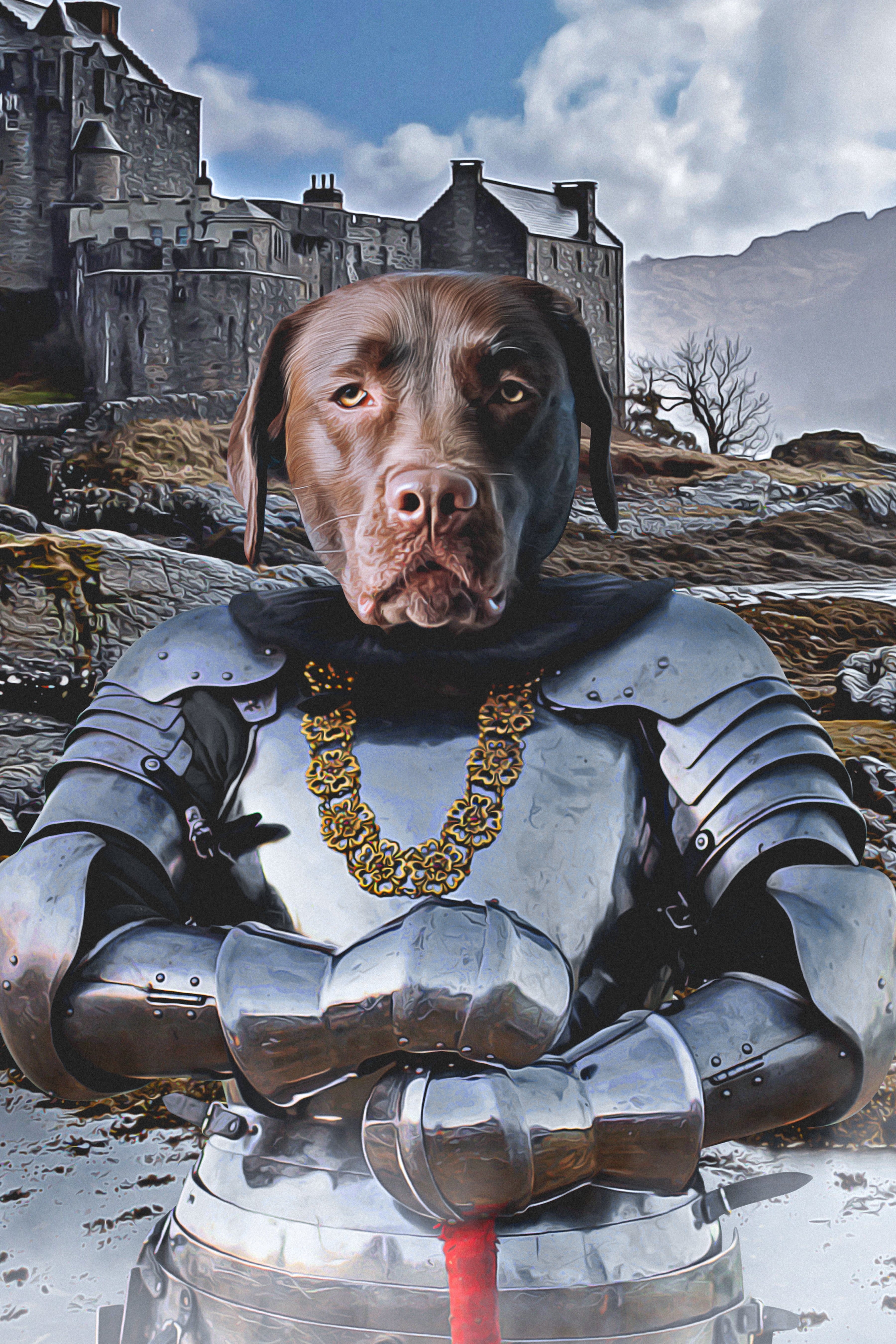 Custom digital portrait of a chocolate lab dog as a knight in shining armor, with a castle background.