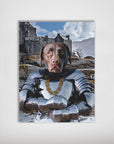 Personalized dog poster featuring a chocolate lab in knight armor with a gold chain, set against a castle backdrop.