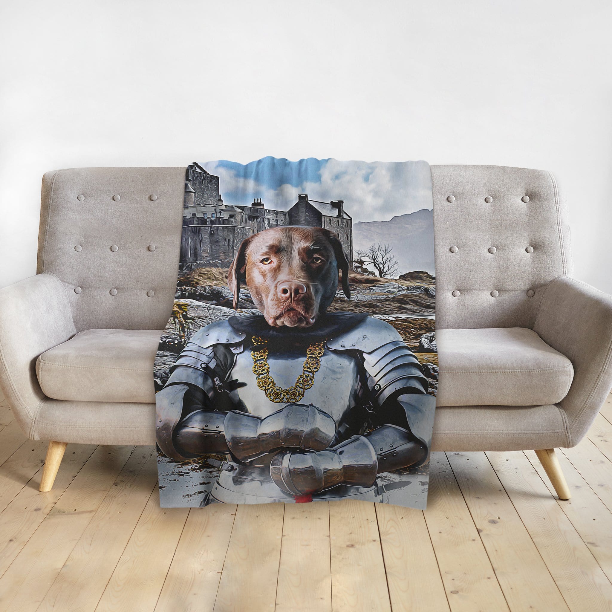 Personalized pet blanket featuring a chocolate lab in knight armor, set against a castle backdrop.