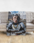 Personalized pet blanket featuring a chocolate lab in knight armor, set against a castle backdrop.