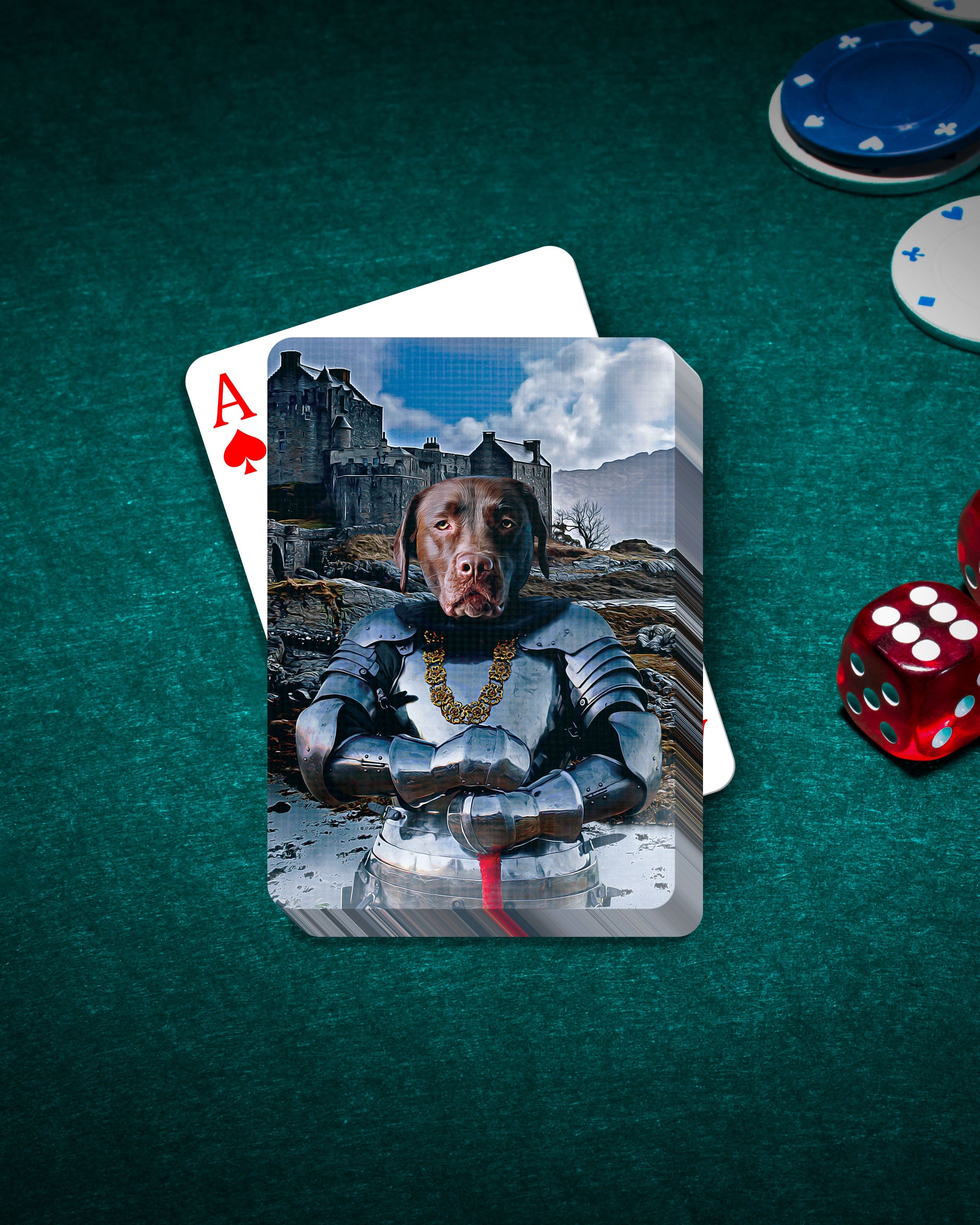 Personalized playing cards featuring a chocolate lab dog in knight armor, set against a castle backdrop.