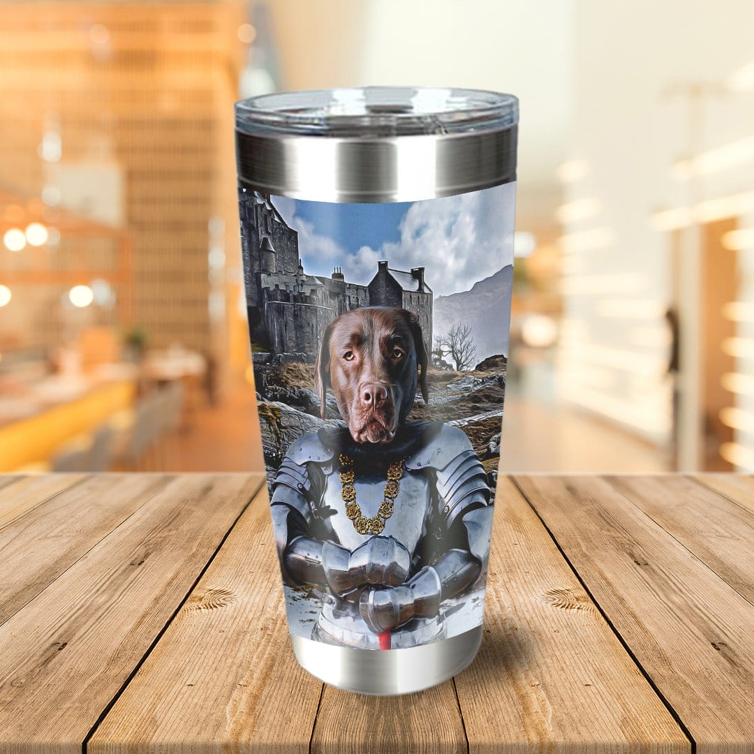 Personalized stainless steel tumbler with a custom renaissance portrait of a chocolate lab in knight armor.