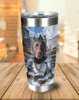 Personalized stainless steel tumbler with a custom renaissance portrait of a chocolate lab in knight armor.