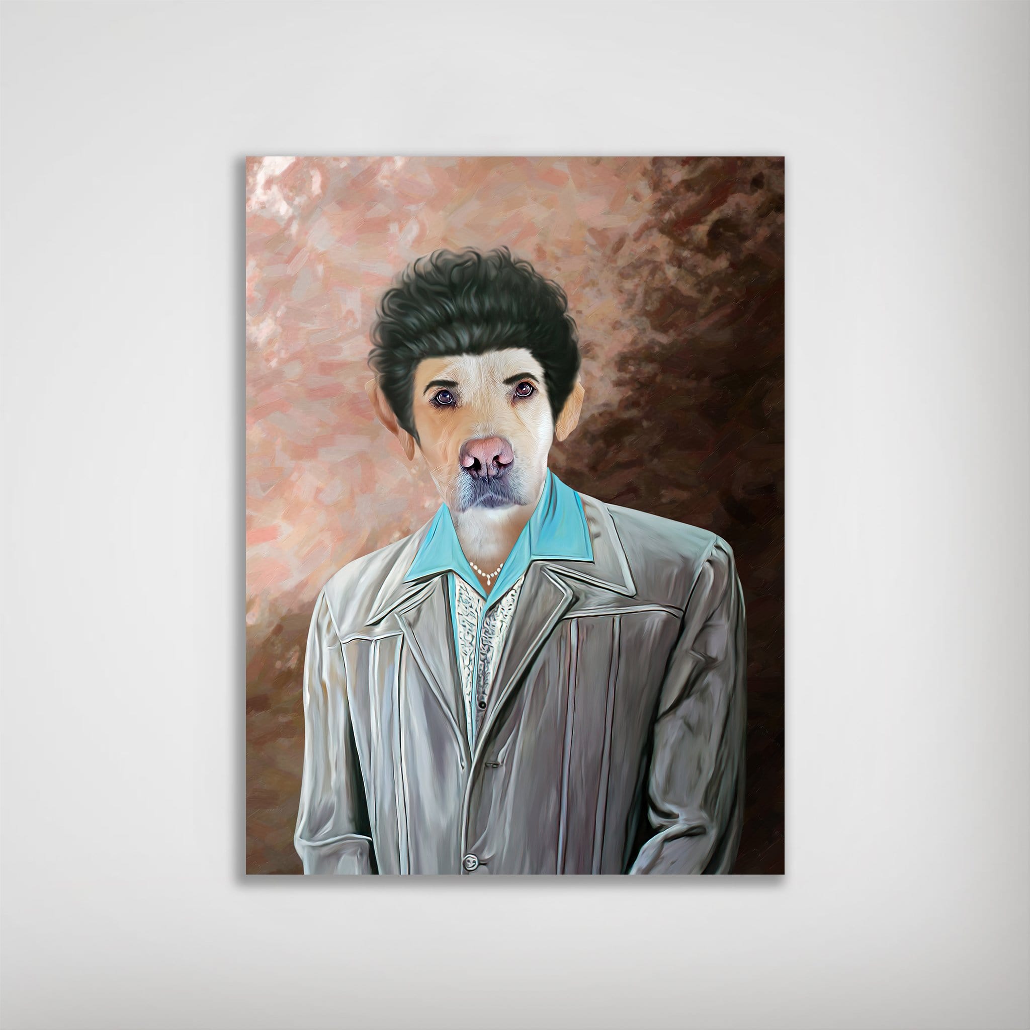 Personalized 'The Kramer' dog portrait poster featuring a pet's face on a man in a gray suit and blue shirt.