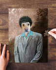 Personalized pet puzzle featuring a dog's head on a "Kramer" style portrait, with hands assembling it.