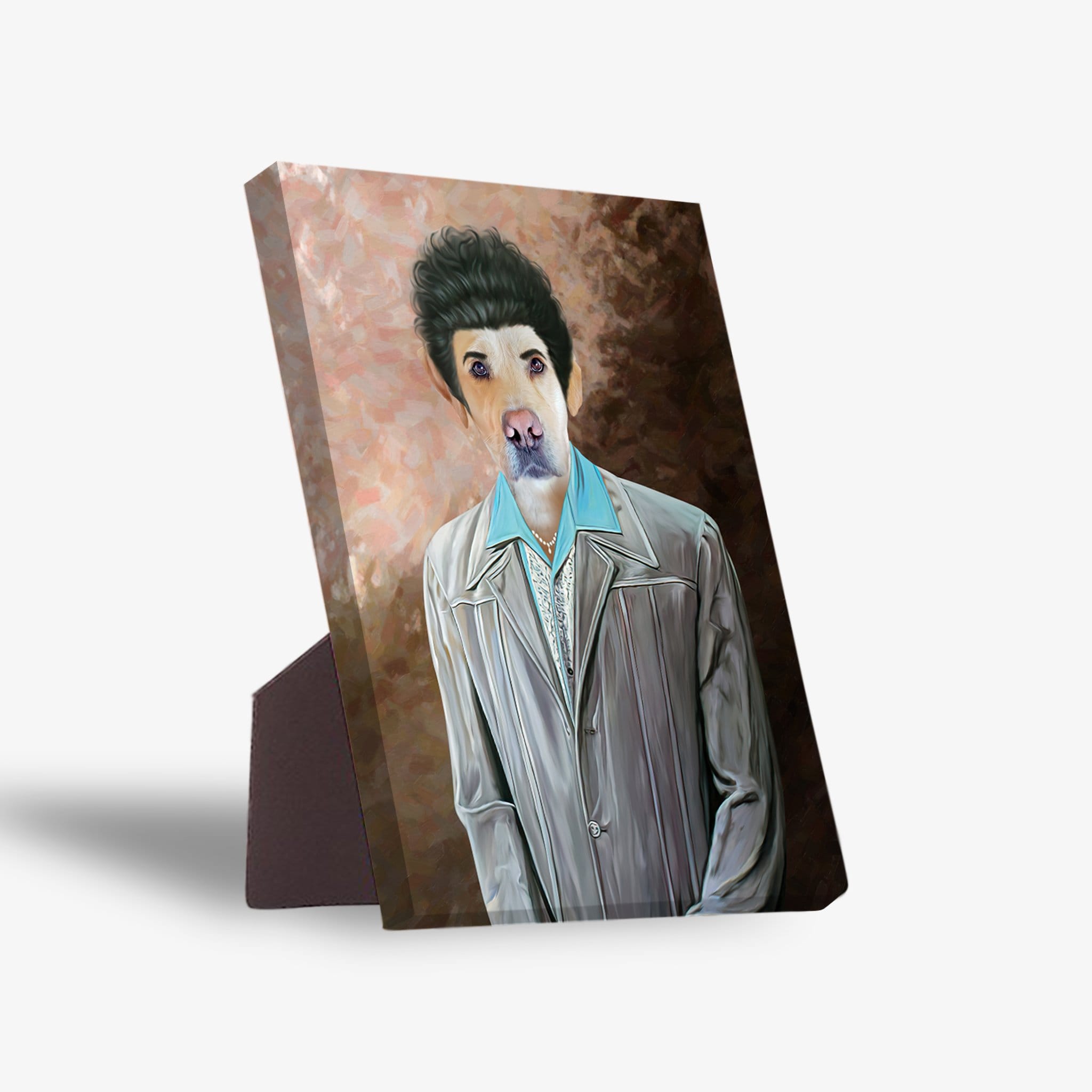Personalized pet portrait standing canvas featuring a dog's face on a character in a striped suit and blue shirt.