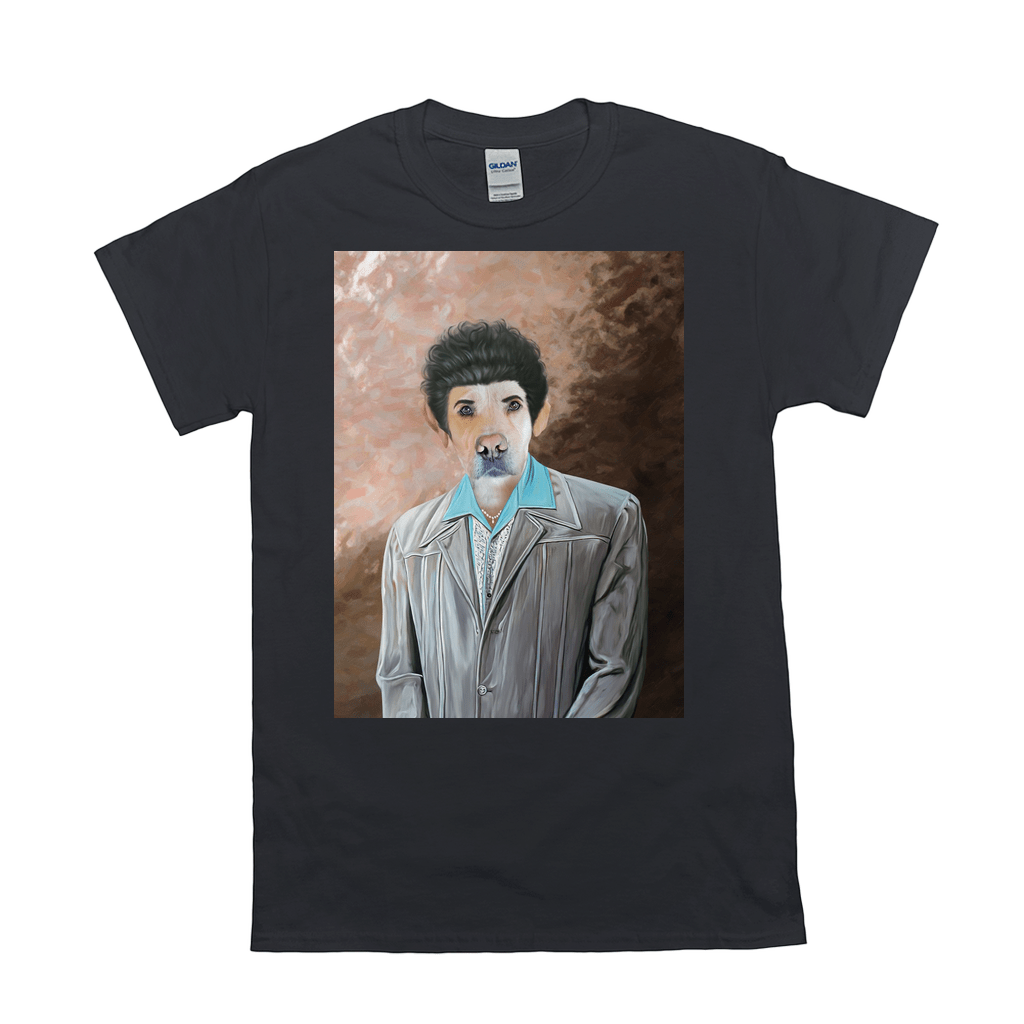 Black Gildan t-shirt with a custom pet portrait featuring a dog's face on a human body in a gray suit.