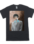 Black Gildan t-shirt with a custom pet portrait featuring a dog's face on a human body in a gray suit.