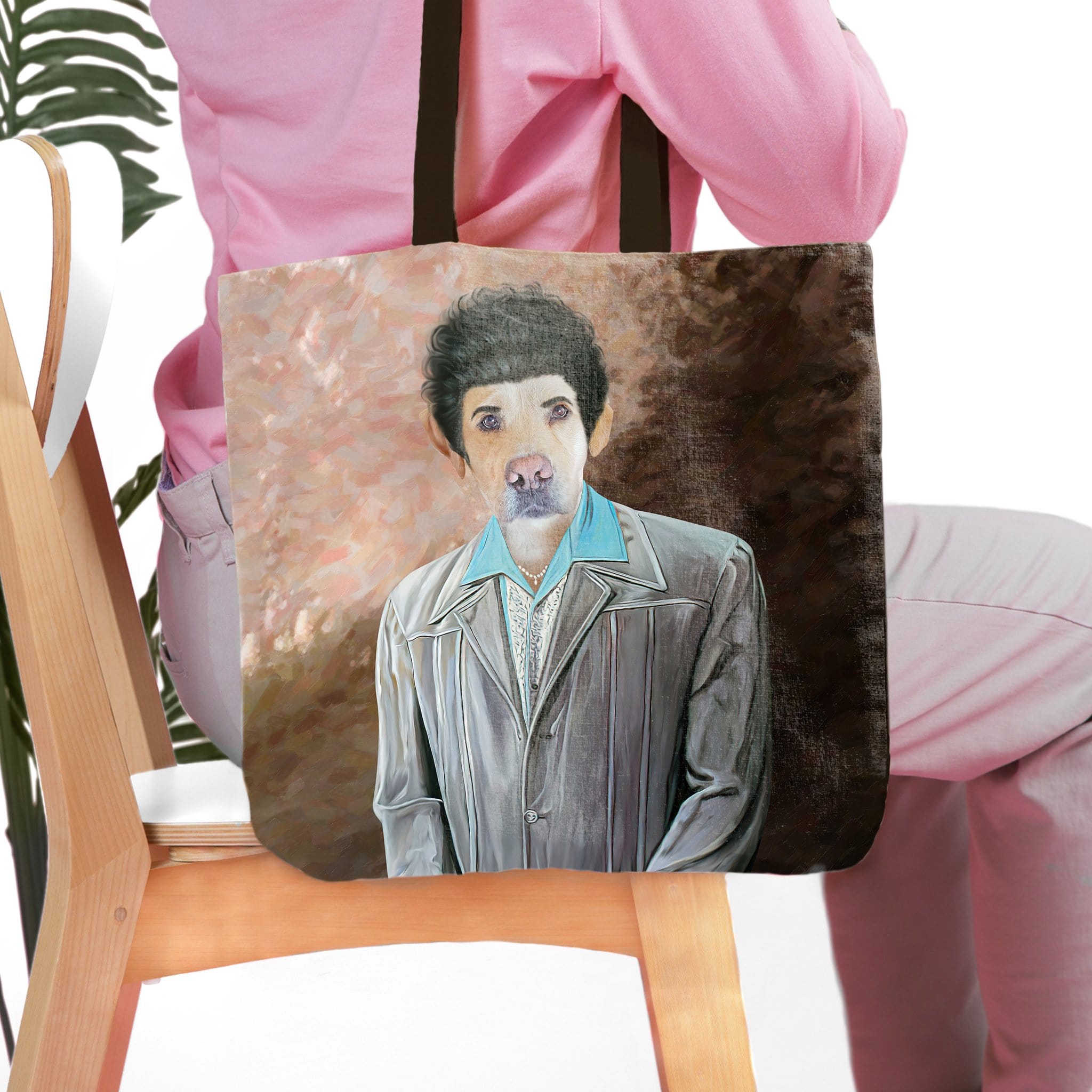 Personalized pet portrait tote bag featuring a dog in a "Kramer" style outfit.