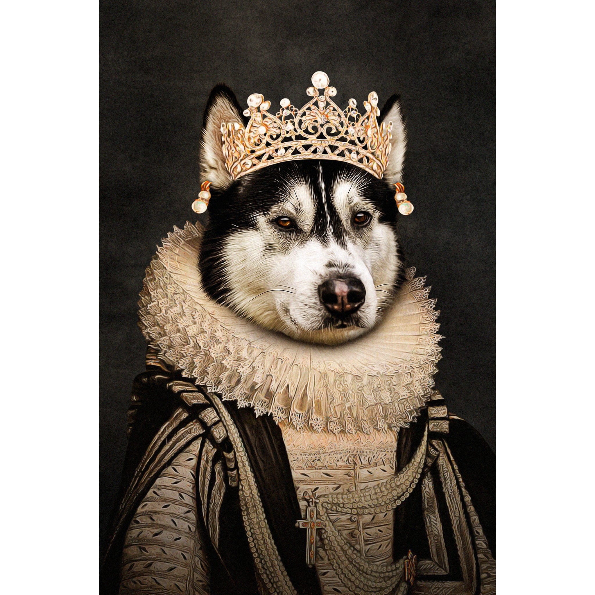 Personalized digital portrait of a husky dog as a royal queen in a renaissance-style gown and gold crown.