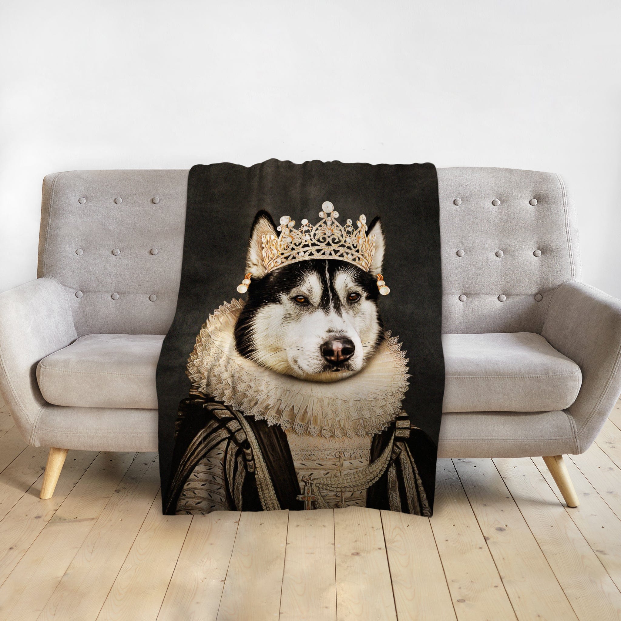 Personalized pet blanket with a husky in a renaissance royal portrait, queen with crown and pearls.