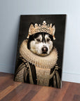 Personalized husky pet canvas in 'Lady of Pearls' royal attire with a gold crown and ruffled collar.