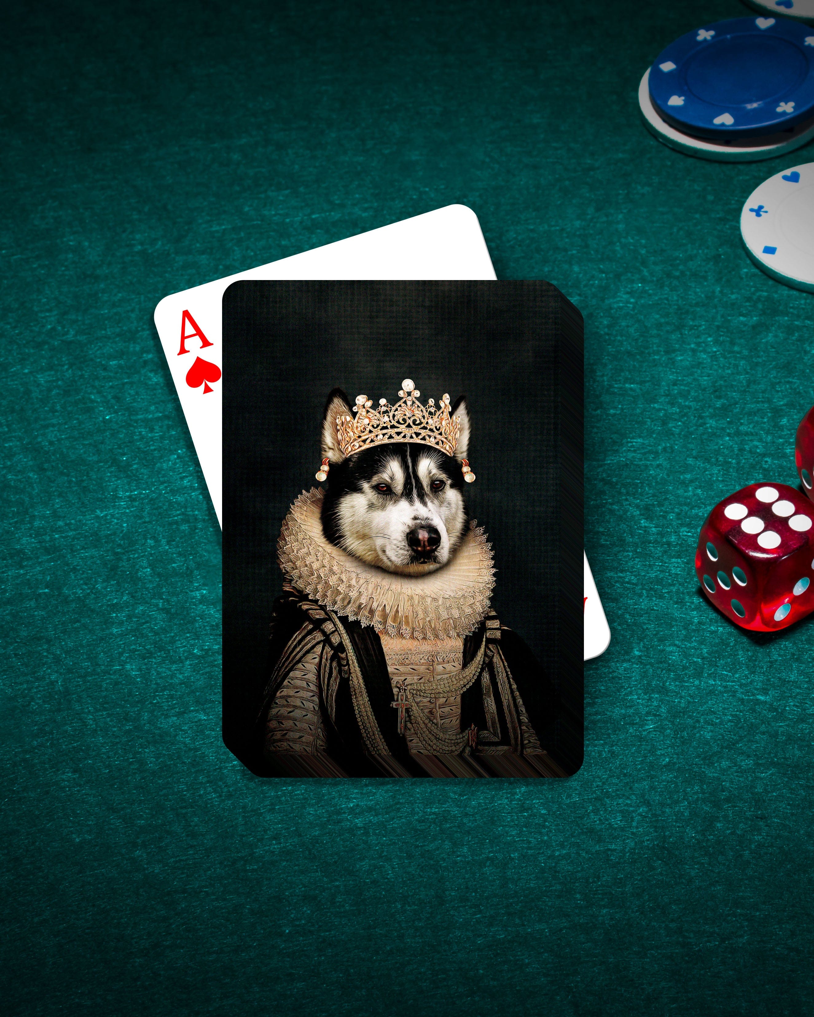 Personalized playing card featuring a husky pet portrait in a royal renaissance style, on a green felt table.