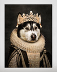 Personalized pet poster featuring a husky in a regal, pearl-adorned gown and golden crown with a matte finish.