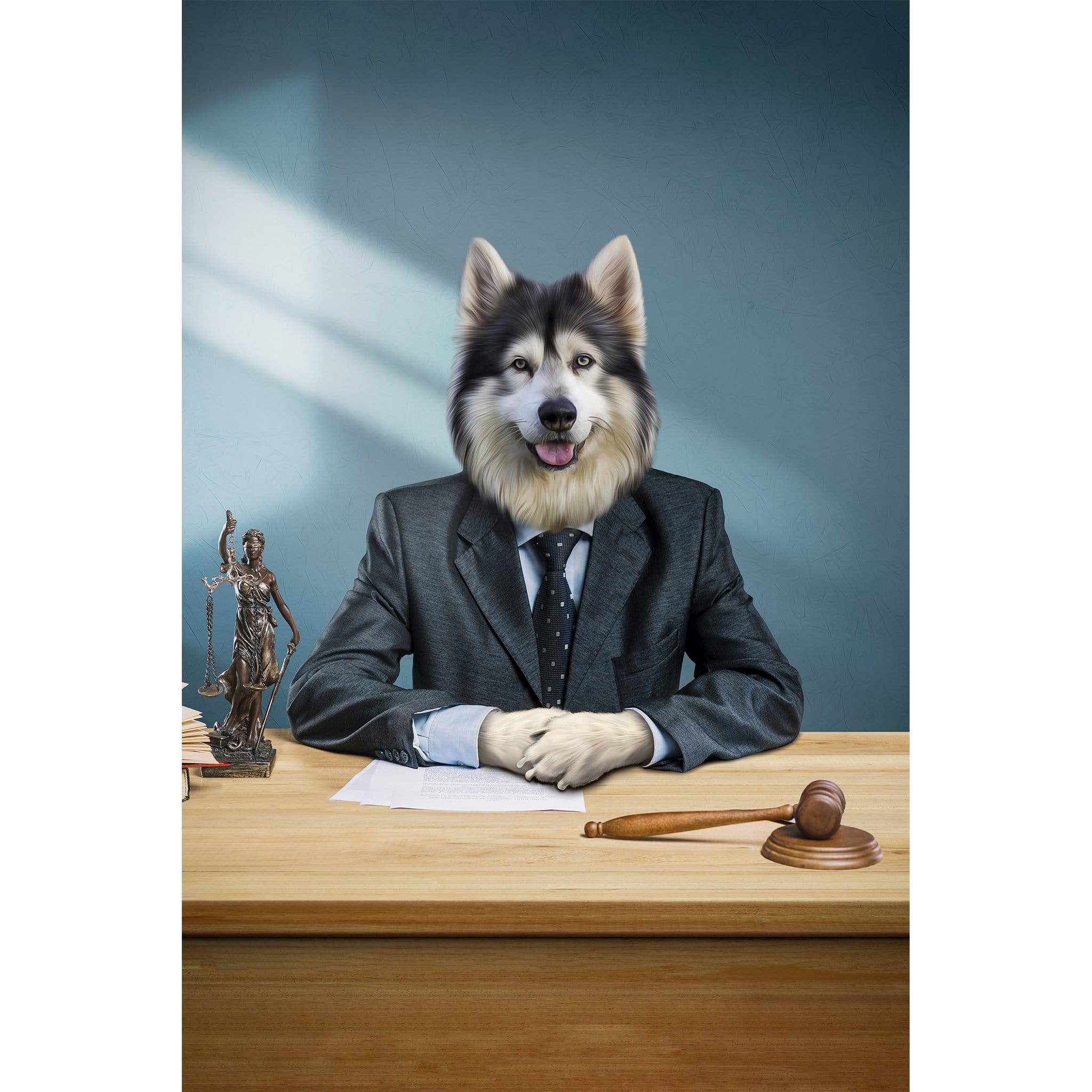 Custom personalized dog lawyer portrait, a husky in a suit at a desk with a gavel and Lady Justice statue.