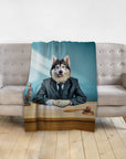 Custom pet blanket featuring a husky dog in a lawyer suit, sitting at a desk with a gavel and Lady Justice.