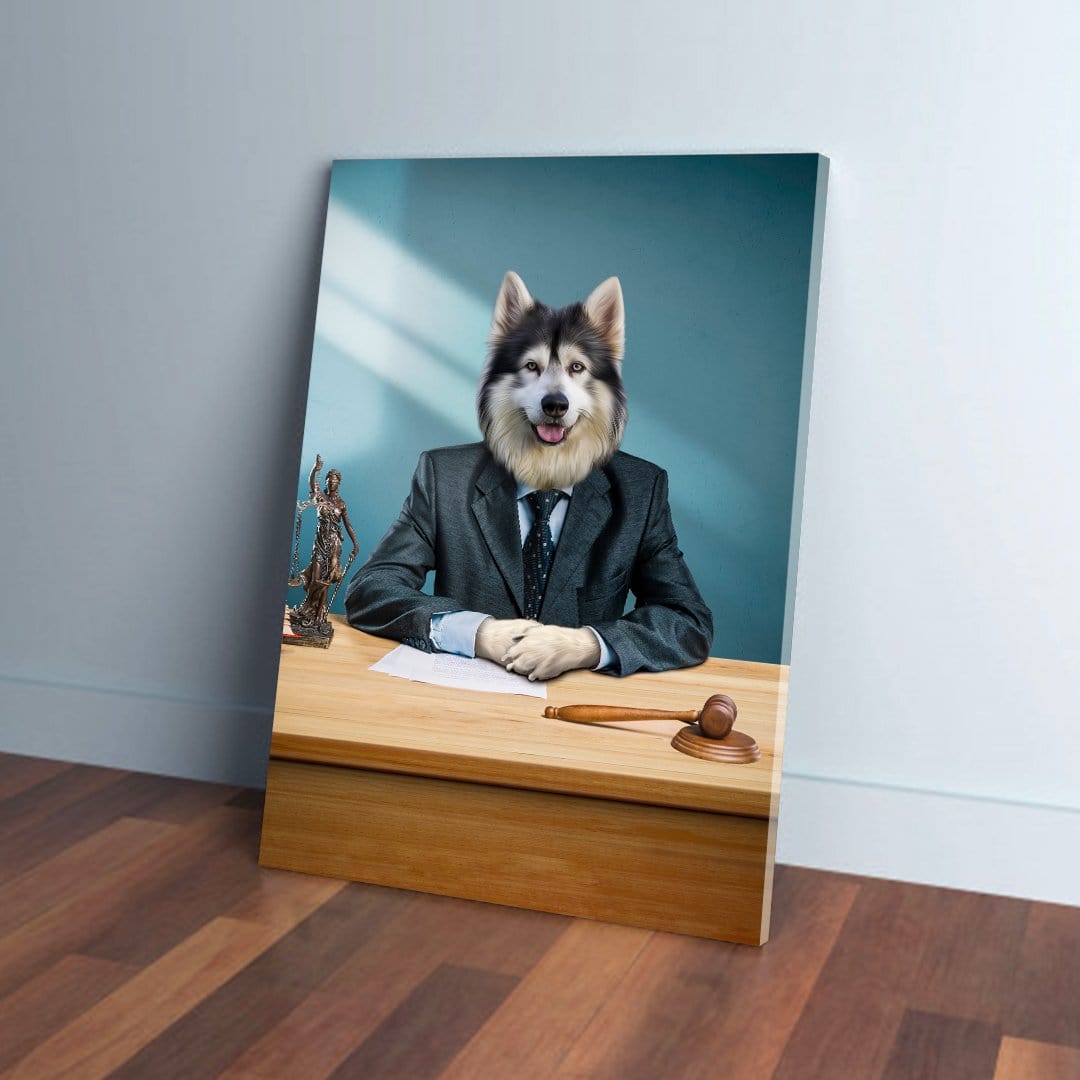 Custom pet canvas featuring a husky dressed as a lawyer at a wooden desk with a gavel and Lady Justice.