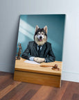 Custom pet canvas featuring a husky dressed as a lawyer at a wooden desk with a gavel and Lady Justice.