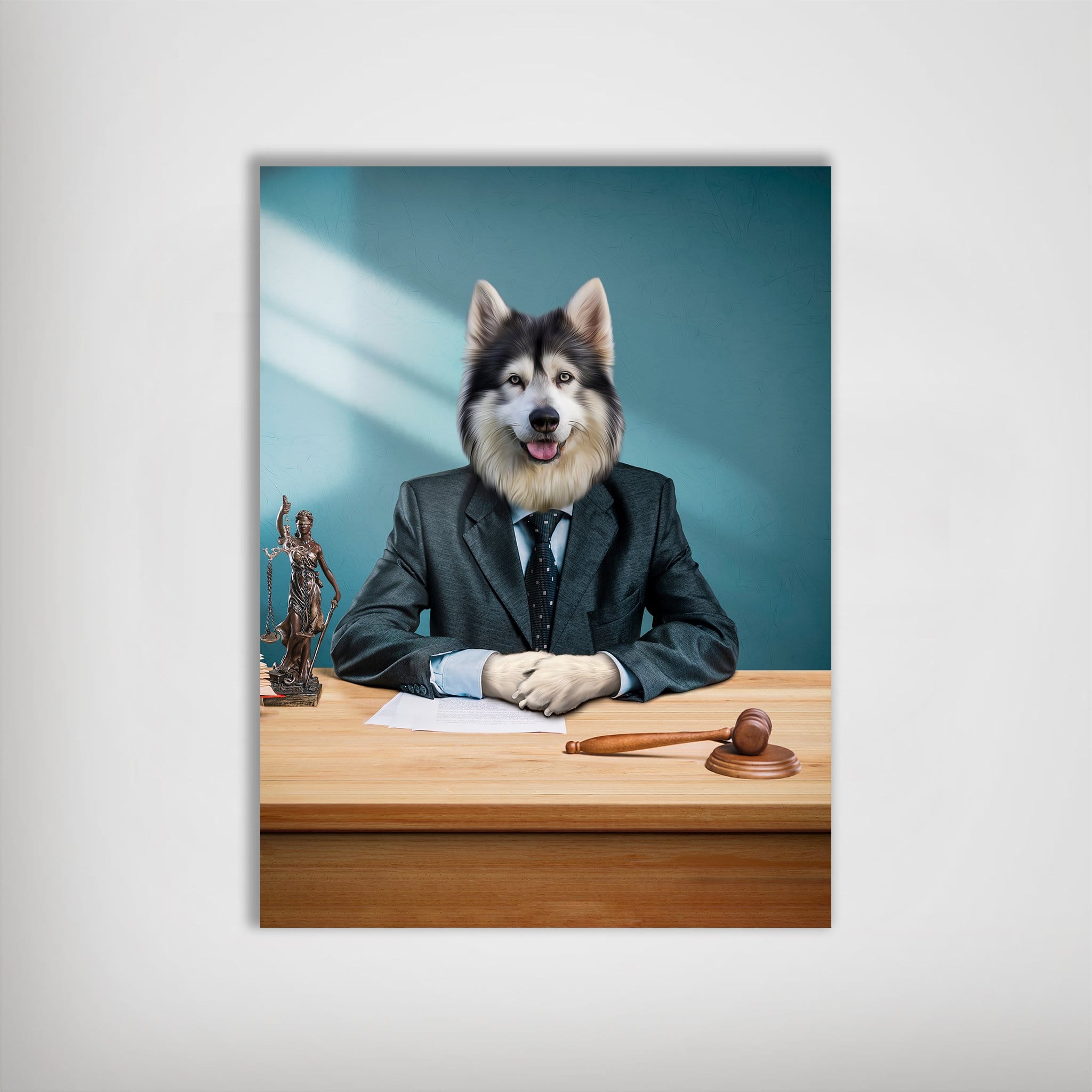 Personalized pet poster featuring a husky dog in a lawyer's suit at a desk with a gavel and Lady Justice.