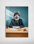Personalized pet poster featuring a husky dog in a lawyer's suit at a desk with a gavel and Lady Justice.