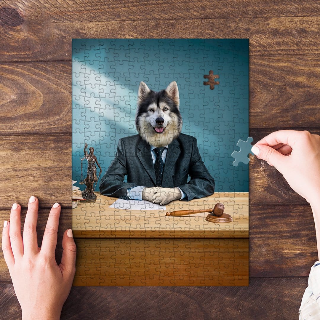 Personalized pet puzzle featuring a husky dog dressed as a lawyer at a desk, with hands assembling it.