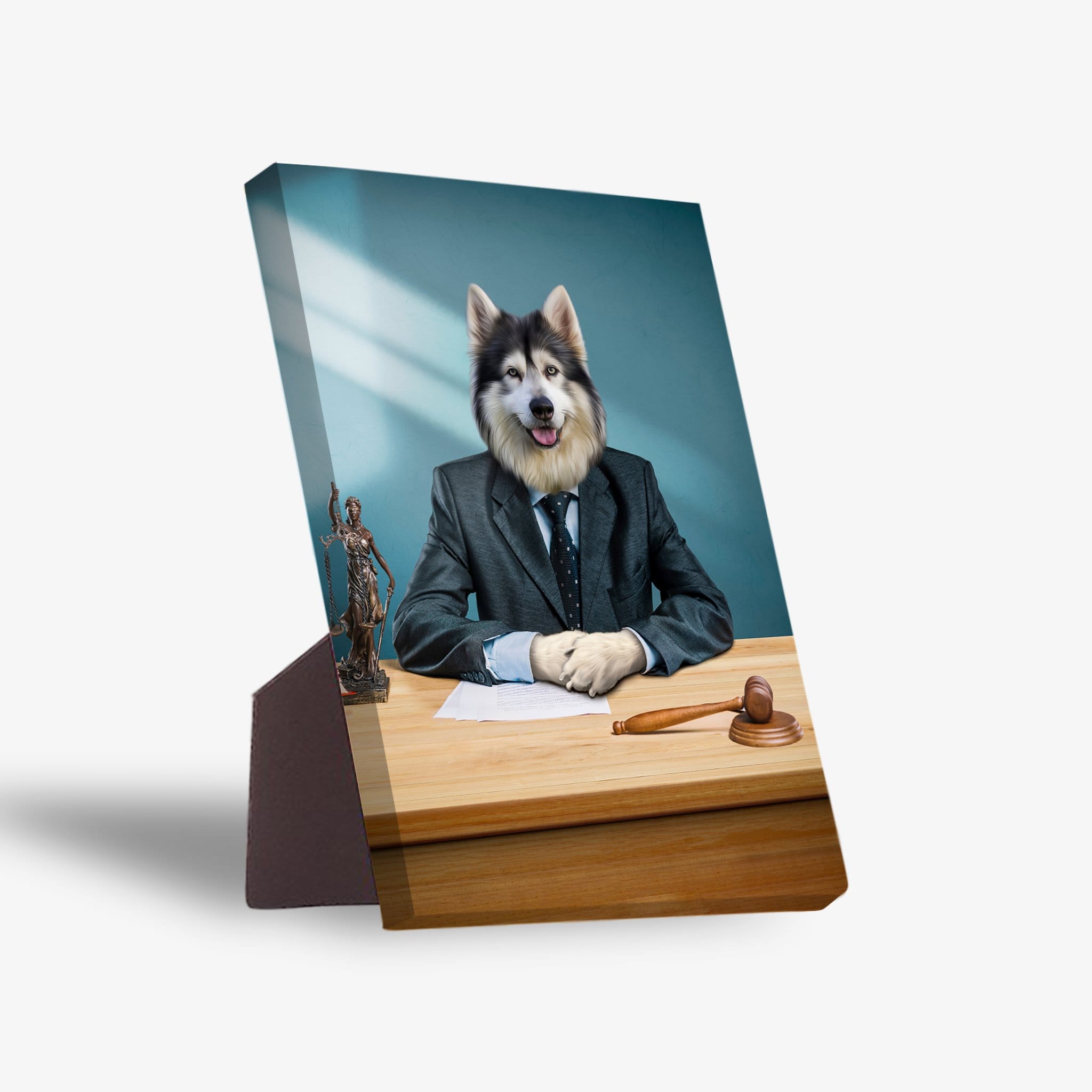 Personalized 'The Lawyer' standing canvas featuring a husky pet in a suit at a desk with a gavel.