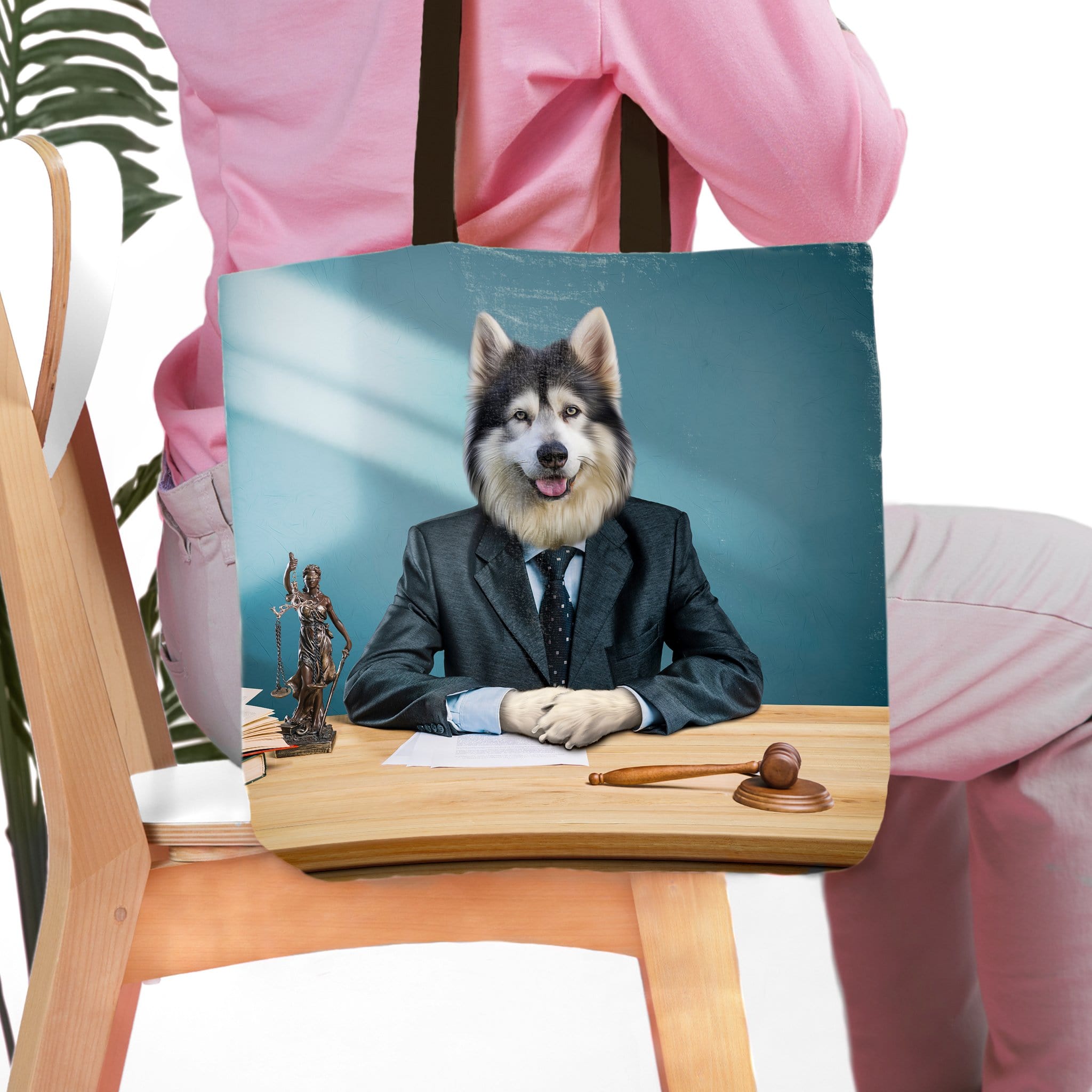Personalized tote bag featuring a husky pet portrait as a lawyer in a suit, sitting at a desk.
