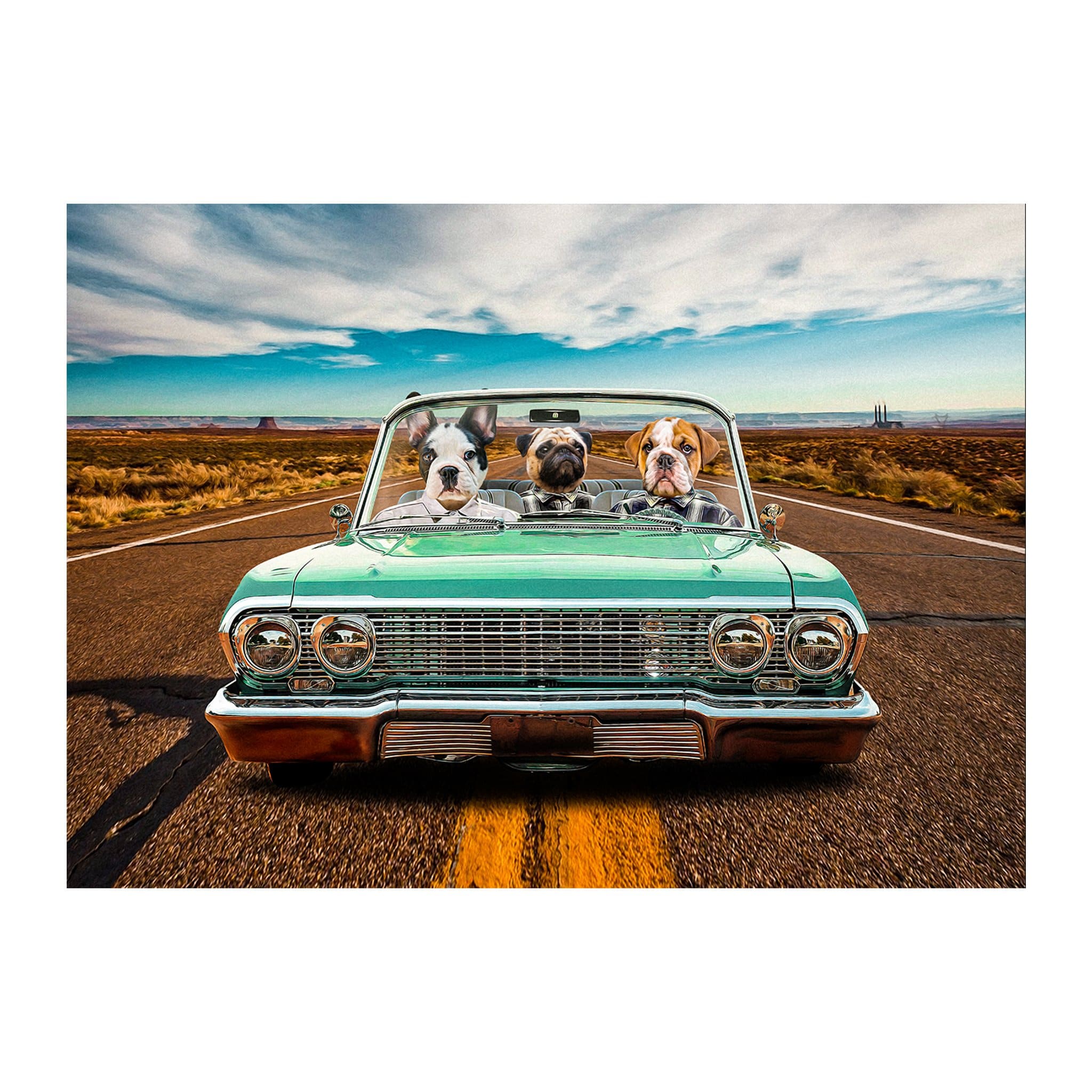 Custom digital portrait of three pets, likely dogs, in a green lowrider car on a desert road.