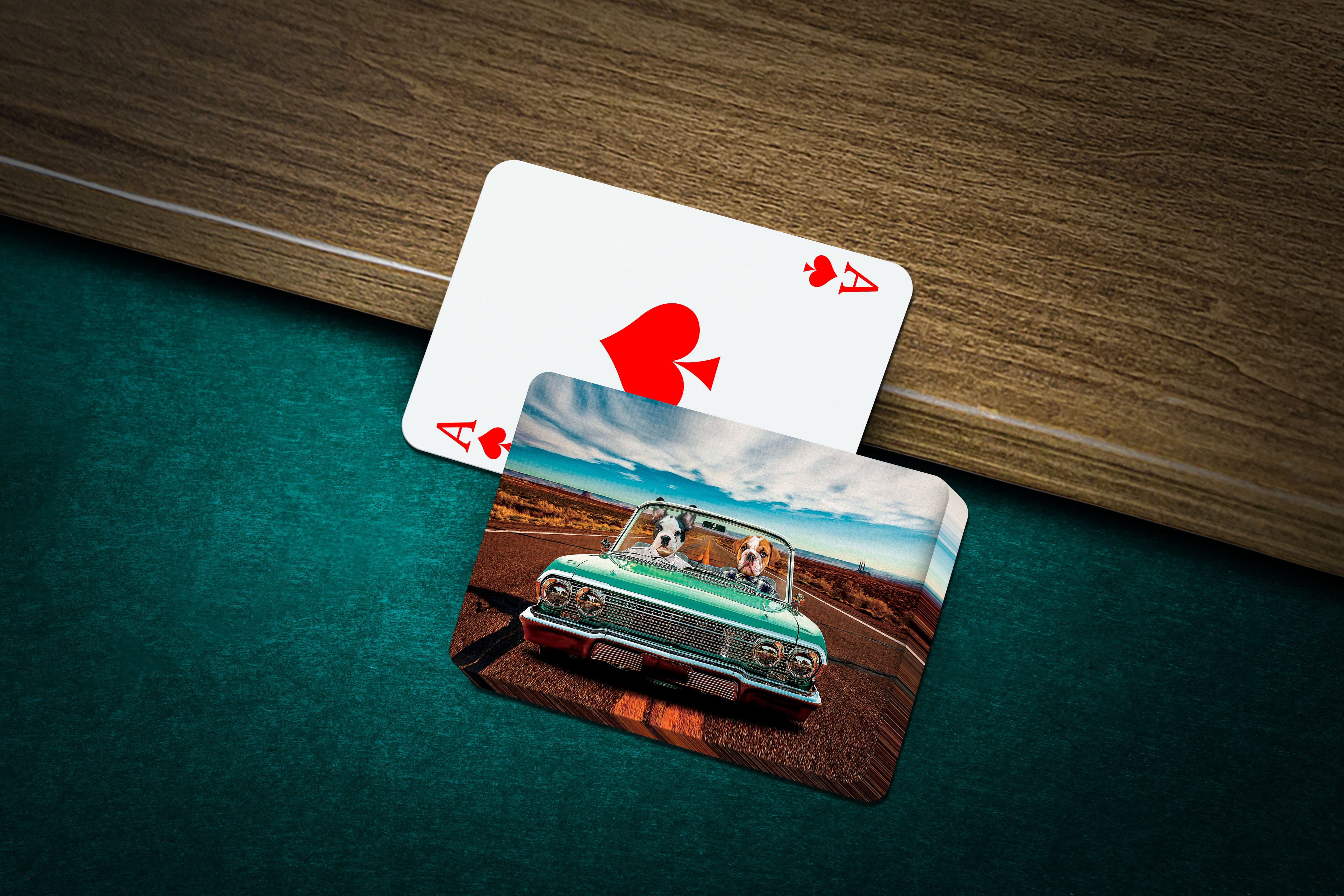Personalized playing cards featuring two dogs in a green vintage car, next to an Ace of Spades.
