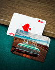 Personalized playing cards featuring two dogs in a green vintage car, next to an Ace of Spades.
