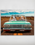 Personalized 'Lowrider' poster featuring two pets, a Boston Terrier and Bulldog, driving a teal vintage car.