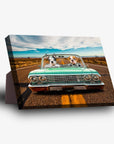 Personalized 2-pet standing canvas featuring a Boston Terrier and Bulldog in a teal vintage car on a desert road.