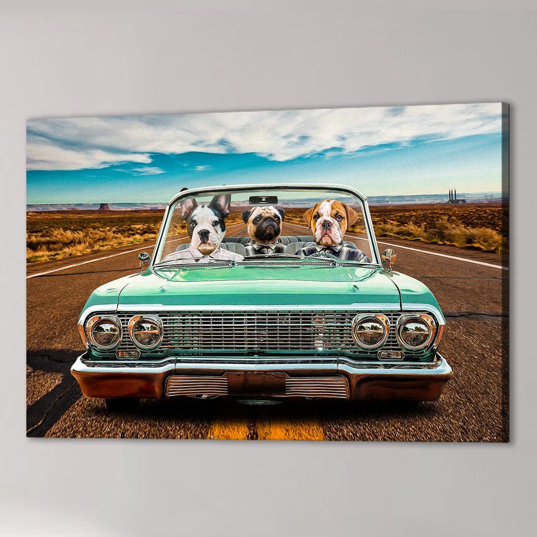 Personalized 'Lowrider' canvas featuring three pets in a vintage green convertible on a desert road.