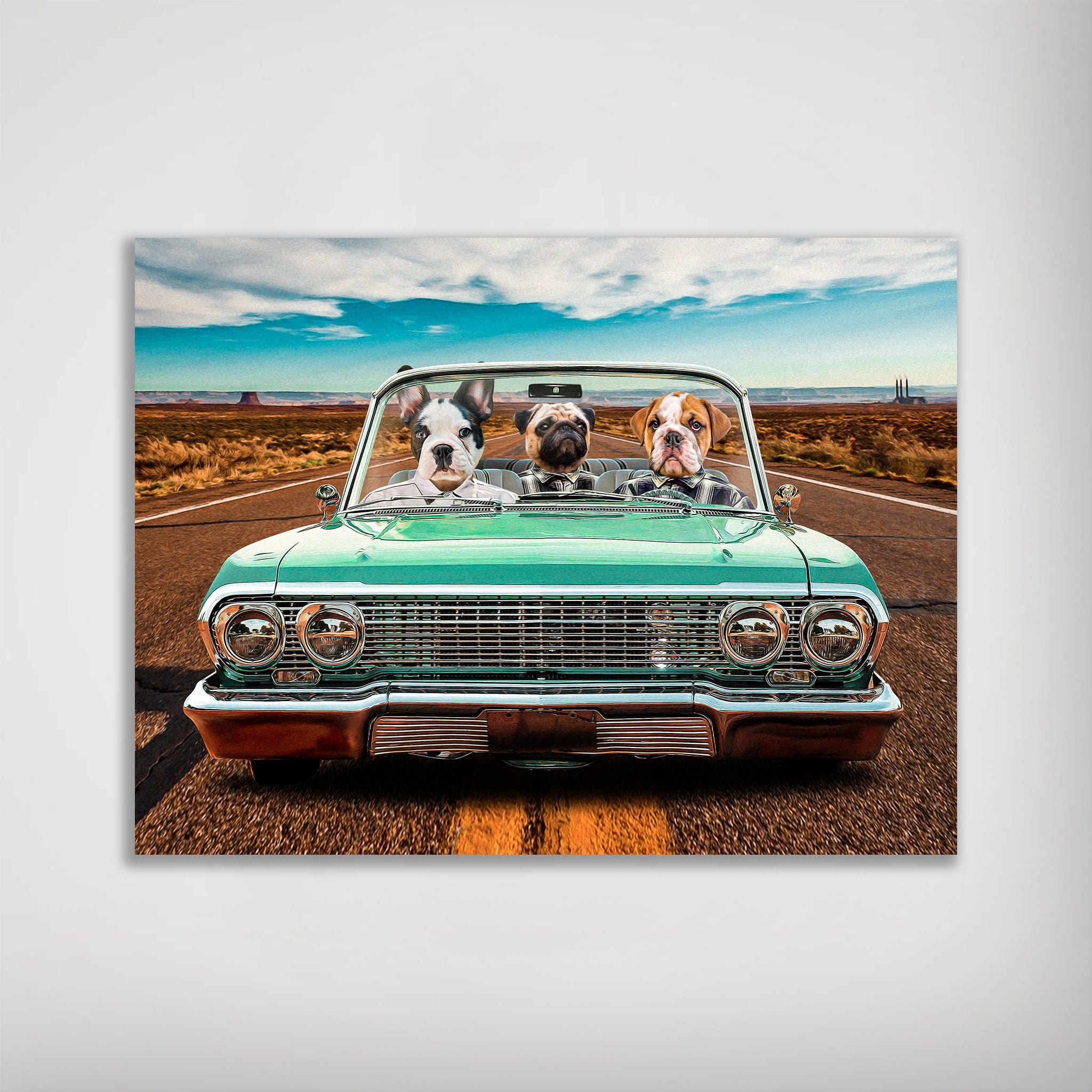 Personalized 'Lowrider' 3 pet poster featuring three dogs in a vintage teal convertible on a desert road.