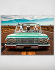 Personalized 'Lowrider' 3 pet poster featuring three dogs in a vintage teal convertible on a desert road.