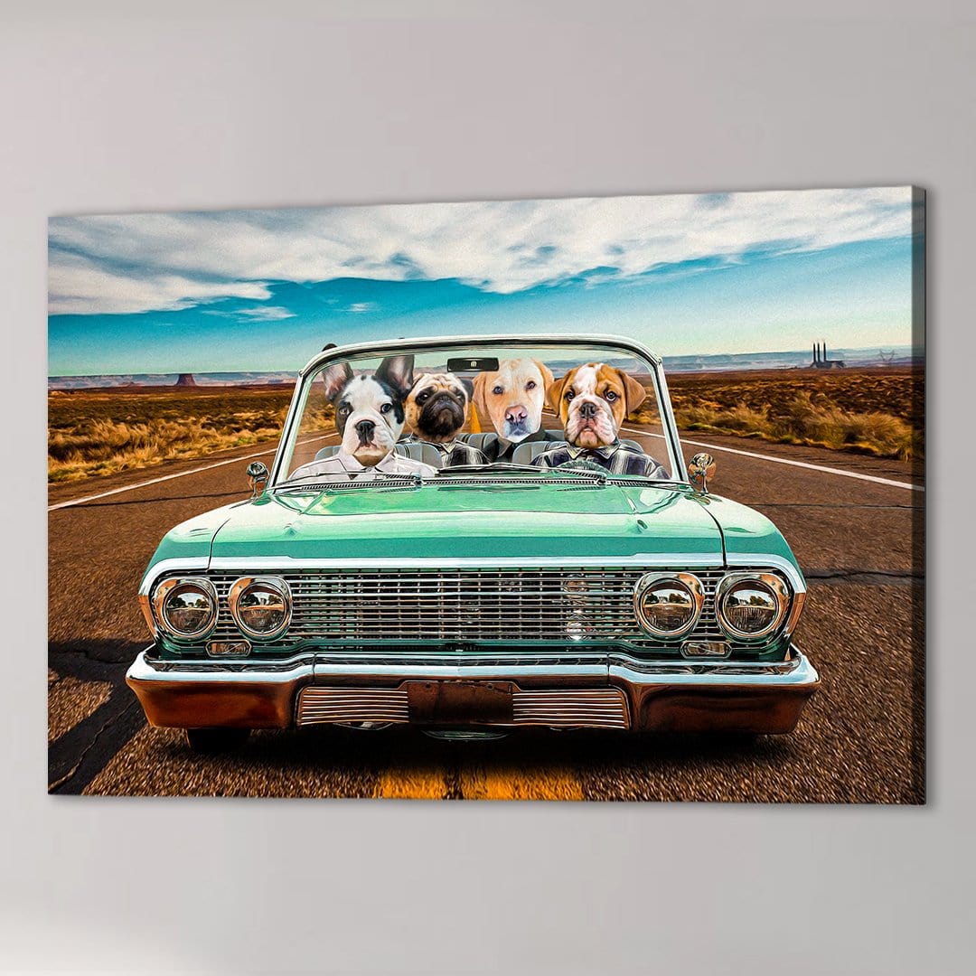Personalized 'Lowrider' canvas featuring four pets in a vintage green convertible on a desert road.