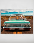 Personalized pet poster featuring a bulldog driving a teal vintage lowrider convertible on a desert road.