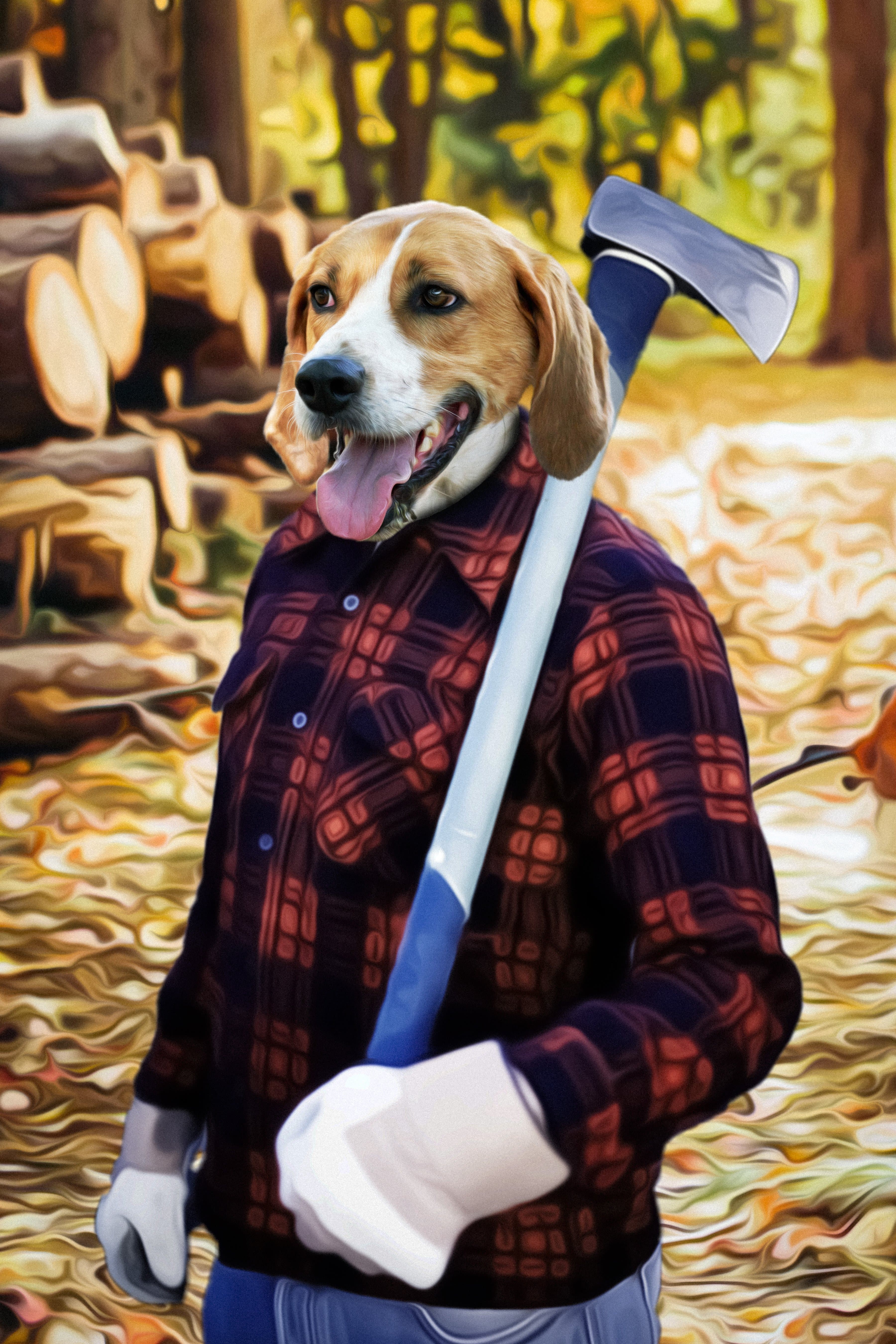 Custom digital portrait of a beagle dog dressed as a lumberjack in a red plaid shirt, holding an axe.