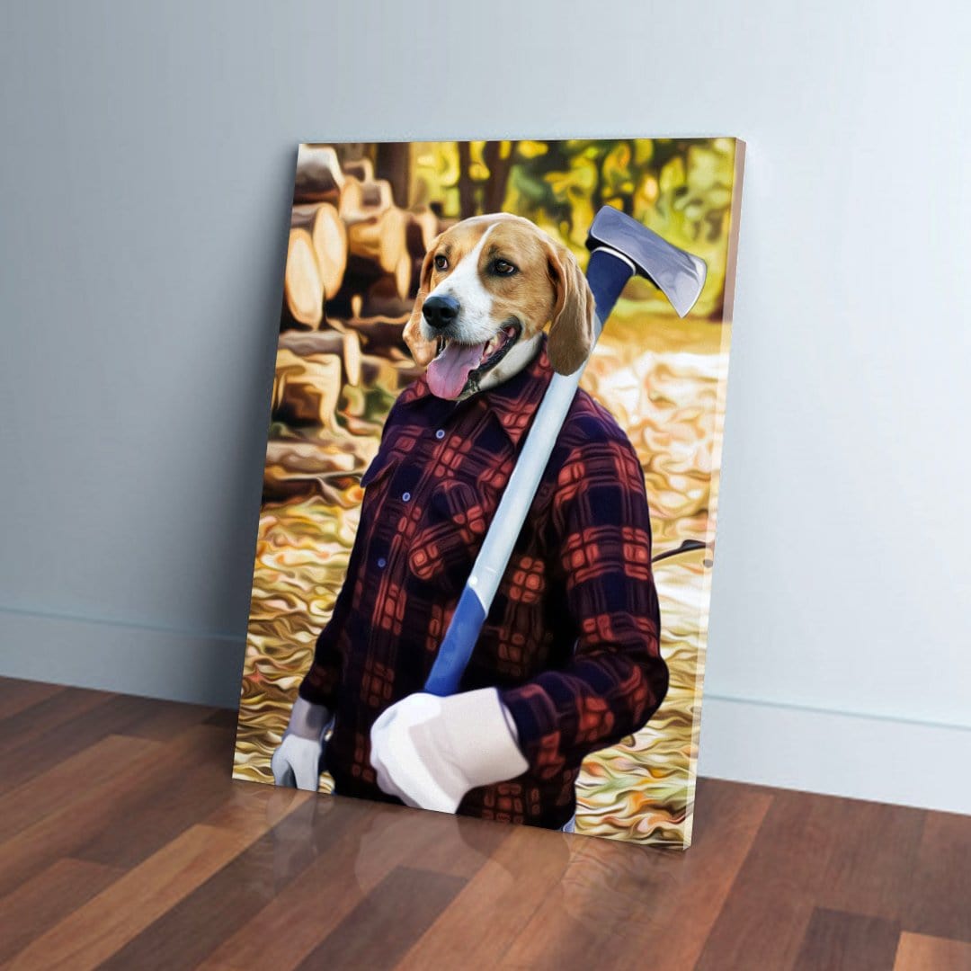 Personalized Beagle pet canvas in a red plaid lumberjack shirt holding an axe, leaning on a wall.